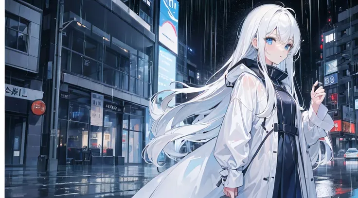 (((masterpiece))), (((8K quality))), a beautiful cute woman, white long hair, blue eye, Raincoat, rain, in the city, midnight