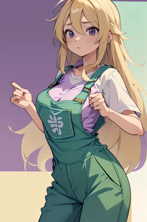 (Disheveled Hair), ((1 female,Blonde Long Hair,Kung Fu Master, Pastel Green,Wearing work overalls, The top half of his work clothes is off., Gorgeous purple detailed bra, Sensual,))