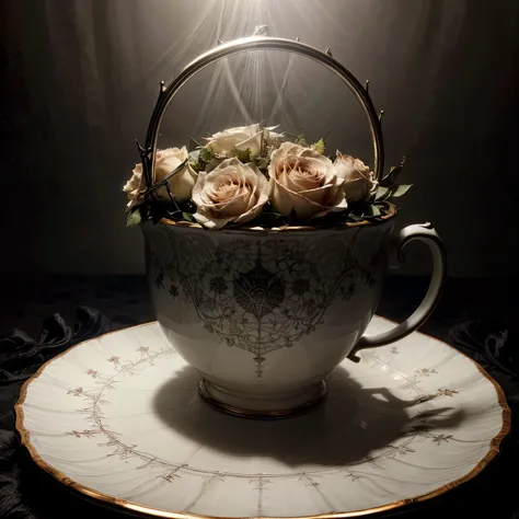 [SUBJECT] A seamless repeating pattern featuring a chipped and cracked porcelain teacup (weight: 1.2) overflowing with wilted white roses (weight: 1.2) and black thorns (weight: 1.2). The background is shrouded in mist (weight: 1.2).
[MEDIUM] Digital art
[...