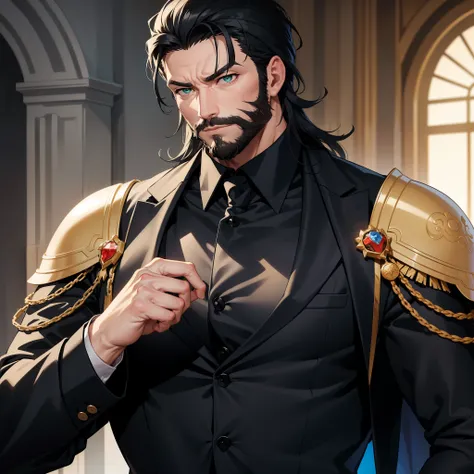 Imagine a 34 year old man, a big strong and muscular man, with a serious and cold expression, he has black hair and a very elegant beard, he has green eyes, and he is wearing an elegant black formal knight costume, he is in of a castle