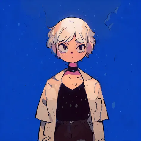 masterpiece, best quality, 1girl, solo short and white hair, looking at viewer, white coat , black shirt, brown pants, big eyes, white collar,scottpilgrimvstheworld, monochrome