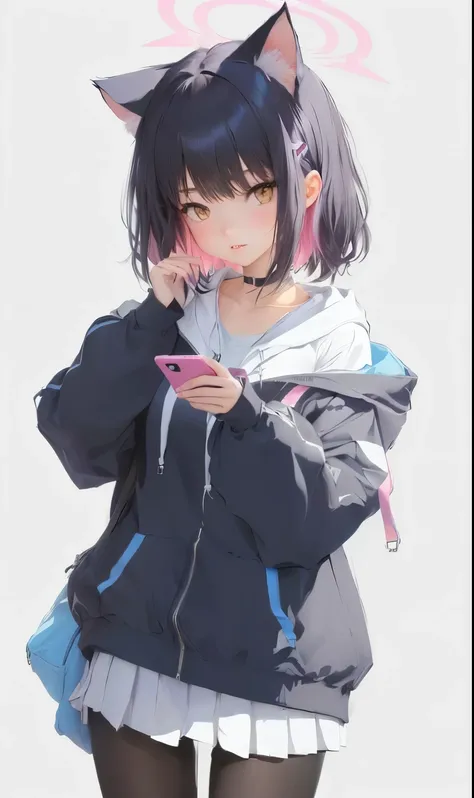 animated girl with cat ears and a hoodie holding a cell phone, Style artistique de l&#39;anime Moe, young animated girl, an animated girl, cyberpunk animated girl in hoodie, fille aux cheveux noirs portant un sweat à capuche, animated visual&#39;une jolie ...