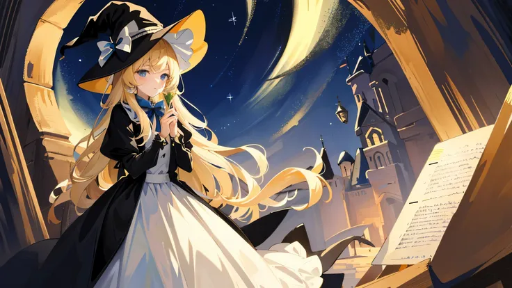 ((masterpiece:1.2, highest quality)), One girl, alone, (Witch Hat), Blonde, Long Hair, dress, Aurora, night, star (null), Mitt, null, White dress, night days