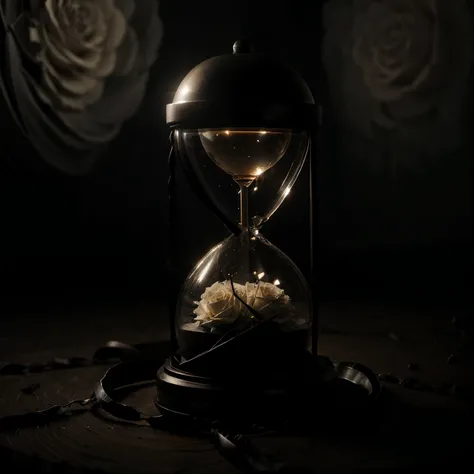 [SUBJECT] A seamless repeating pattern featuring a classic hourglass (weight: 1.2) with black sand slowly falling through the center. Wilted white roses (weight: 1.2) and black thorns (weight: 1.2) surround the hourglass base, representing the passage of t...