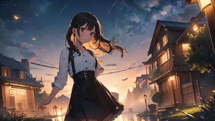 (8k, highest quality, masterpiece: 1.2), (Realistic, photoRealistic: 1.37), Super Detail, One Girl, Wide viewing angles, Firefly Garden, There are lots of little faint lights and fireflies flying around, night