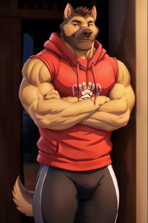 coachgil, muscular, brown eyes, (posing:1.3), (soft shading), 4k, hi res, ((detailed face, detailed)), by zackarry911, by zaush, (by personalami:0.5), looking at viewer, crossed arms, smile, male focus, thighs, sleeveless, hood, bare arms, hoodie, feet out...