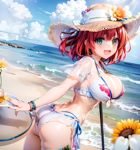 best quality, masterpiece, extremely detailed CG, official art , professional lighting, detailed background, sakimiyairuka, red hair, green eyes, medium hair, gleaming skin, big breasts, big ass, micro bikini, smile,