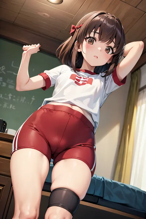 Taeko Kondo、Girls&Panzer、Brown Hair、Short Hair、((Bike Pants))、Photo from below、Medium chest、Bedroom、(Gym clothes with short sleeves)、Red ribbon、Black knee-high socks、Checkered mini skirt