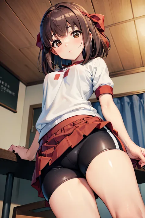 Taeko Kondo、Girls&Panzer、Brown Hair、Short Hair、((Bike Pants))、Photo from below、Medium chest、Bedroom、(Gym clothes with short sleeves)、Red ribbon、Black knee-high socks、Checkered mini skirt