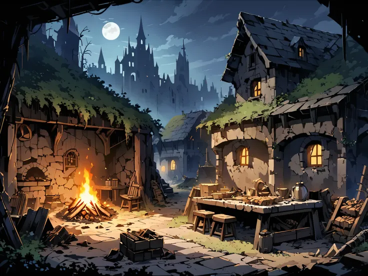 ruins(Medieval ghettos in Europe)，木头房子的ruins，Broken wall，Overgrown，Dead Tree，Rotten wooden boards scattered on the ground，Broken wooden stools and wooden table，A pile of firewood is burning，One or two beggars gathered around the fire，Curled up in a corner，...