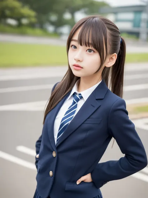 (masterpiece, highest quality:1.4), Award-winning portraits, 8k, 85mm, alone, Beautiful Face, Delicate girl, , (Dark navy blazer jacket, Put your arms behind your back, Close your face:1.2), Dark Navy Skirt, Long sleeve, Sophisticated, cute, Teen, Looking ...
