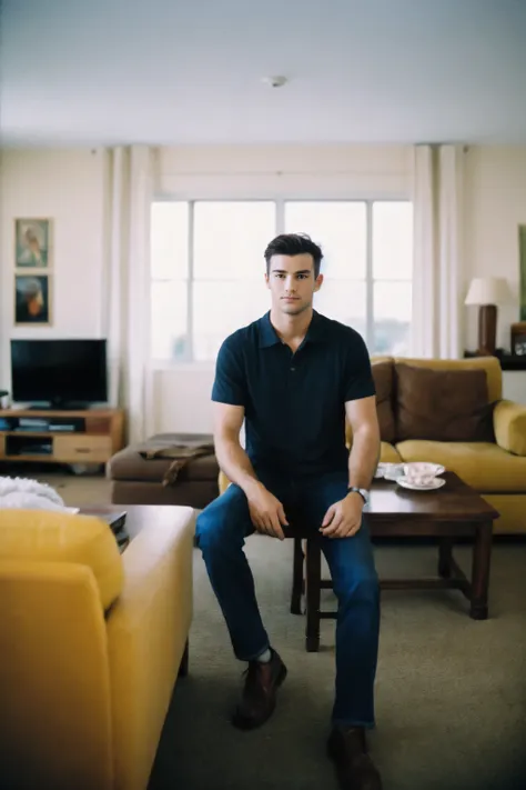 film grain ,analog photography ,raw,photo ,handsome men ,living room