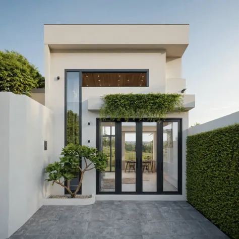 a view of a modern home with a large front yard, main material by white wall and stone and wood, 1 road runs in front of the hou...