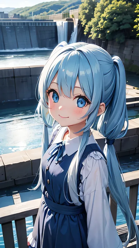 Long light blue hair, twin tails, sparkling blue eyes, looking at camera, shy smile, dam, water being released from the dam, daytime, clear skies, standing, dam in the background, looking down from above