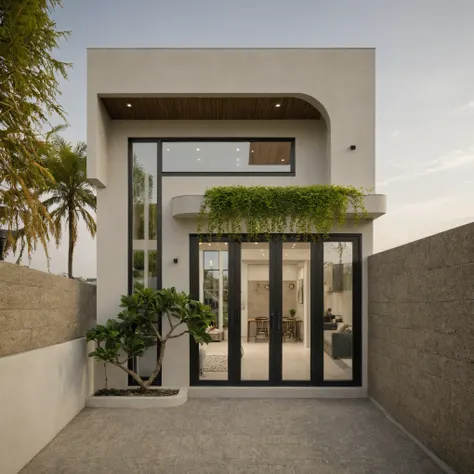 a view of a modern home with a large front yard, main material by white wall and stone and wood, 1 road runs in front of the hou...