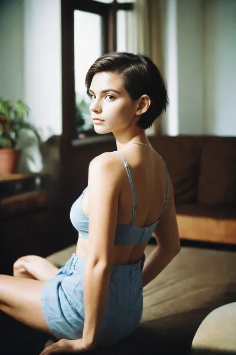 analog photography ,raw,photo ,beautiful female short hair,living room