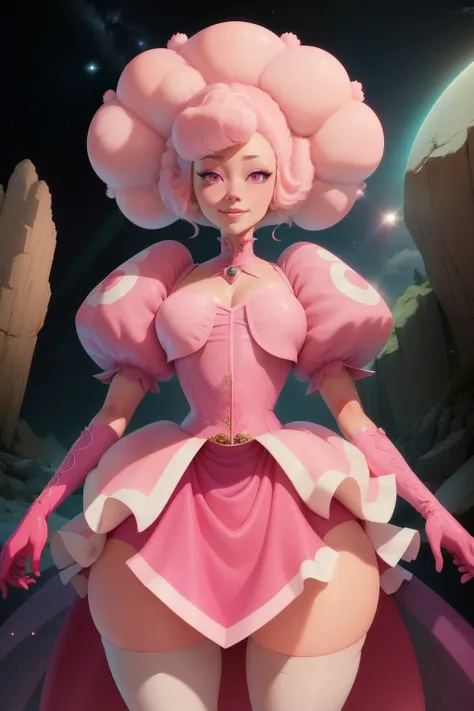 pnkdamond, pink hair, pink eyes,  big hair,  stomach gem,  pink skin,  toned, 
puffy short sleeves, elbow gloves ,  white thighh...