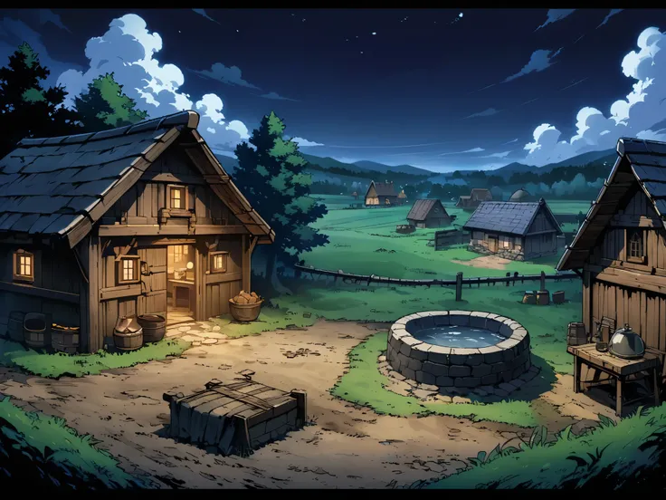 a village in a(European medieval villages),There is a cabin,There is a well,There is farmland,Livestock sleeping in the shed,The environment was pitch black,night。Mid-ground composition,Panorama pictures,Scene screen,Game concept art style,Anime illustrati...
