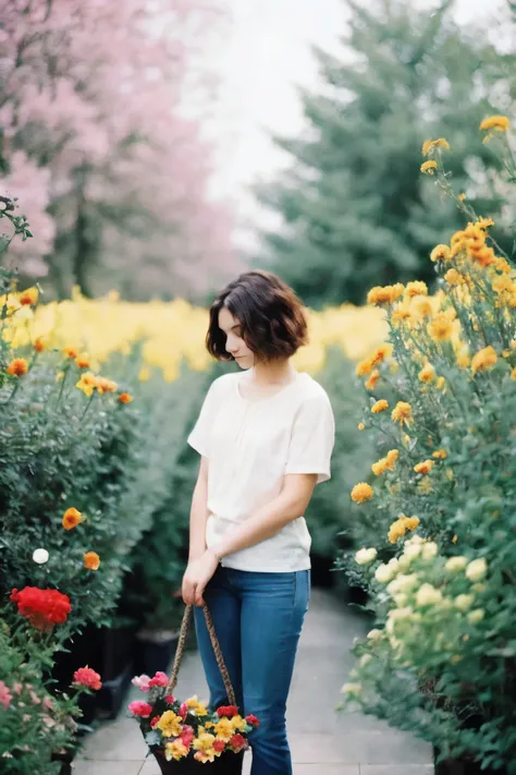 analog photography ,raw,photo ,beautiful female short hair,colorful garden