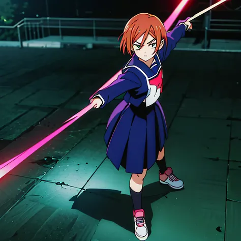 13 year old girl ,anime shonen style design,retro clothes, weapon