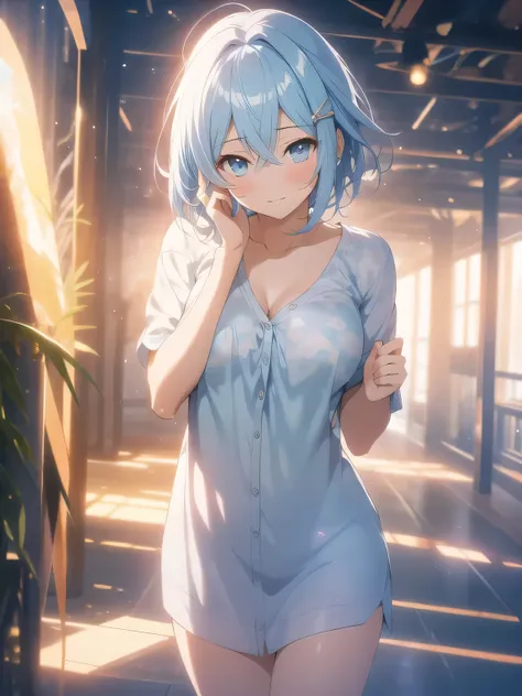 Pieces fly、1 girl(1:2)、Age 25、universe、masterpiece, highest quality, (delicate eyes and face), Volumetric Light, Ray Tracing, Highly detailed CG Unity 8k wallpaper, Remlin, Hair above one eye, Light blue hair between the eyes、short hair、Light blue hair(1:2...