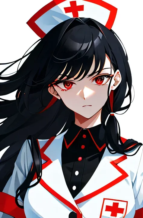 Evil woman wearing a nurses uniform with long black hair