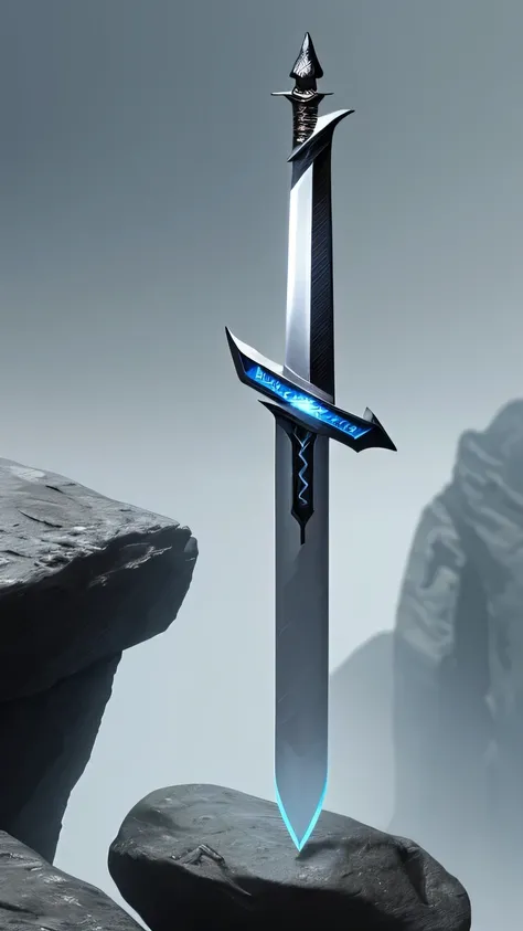 A futuristic sword placed on rocks