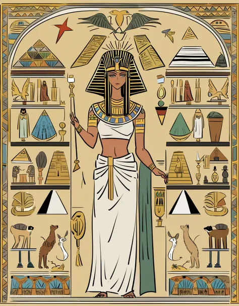 Draw a scene that represents an Egyptian pharaoh, cercado por simbolos de p

autondade. Certifique-se de incluir detalhes tipicos da arte egipcia, como eperti da

vestimentas elaboradas, Decorative meroglyphs and other elements that attempt to the iconogra...