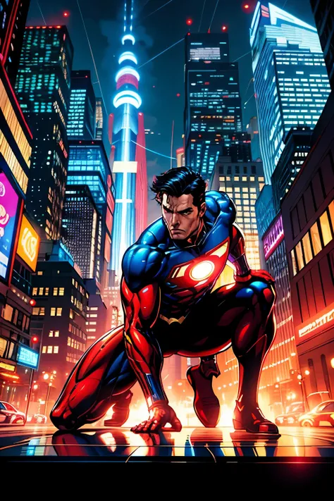 In the heart of a bustling metropolis, Superman dons the sleek, armored suit of Iron Man. The cityscape is bathed in the soft glow of neon lights, as towering buildings stretch up to the heavens. Hovering helicopters and flying cars dart through the sky, l...