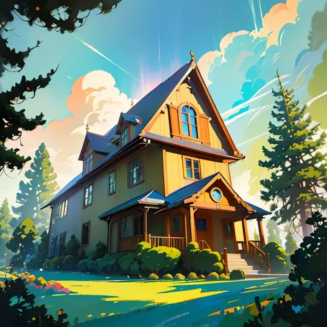 Realistic, real-life, beautiful old colonial big house on the hill, Laurie Greasley style, Studio Ghibli, Akira Toriyama, James Gilleard flair, Genshin Impact-inspired, trending Pixiv fanbox, acrylic spatula painting, 4k resolution, vibrant colors palette,...