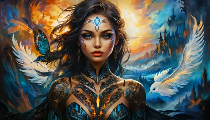 dark fantasy, (realistic, photo-realistic:1.37), (full body shot:1.4), arafed young woman with tribal tattoos on neck and arms, glowing light blue eyes, dark makeup, fantasy world, tribal patterns on the tattoos, wearing fantasy bra and leather tight trous...