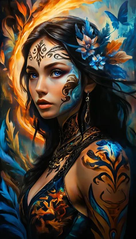 dark fantasy, (realistic, photo-realistic:1.37), (full body shot:1.4), arafed young woman with tribal tattoos on neck and arms, glowing light blue eyes, dark makeup, fantasy world, tribal patterns on the tattoos, wearing fantasy bra and leather tight trous...