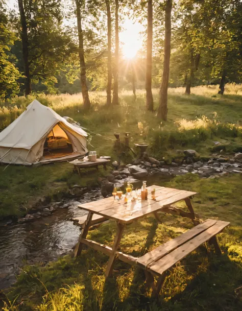 a view of a tent with a table and a stream in the foreground, glamping, setting in nature, outdoors setting, all in the amazing ...