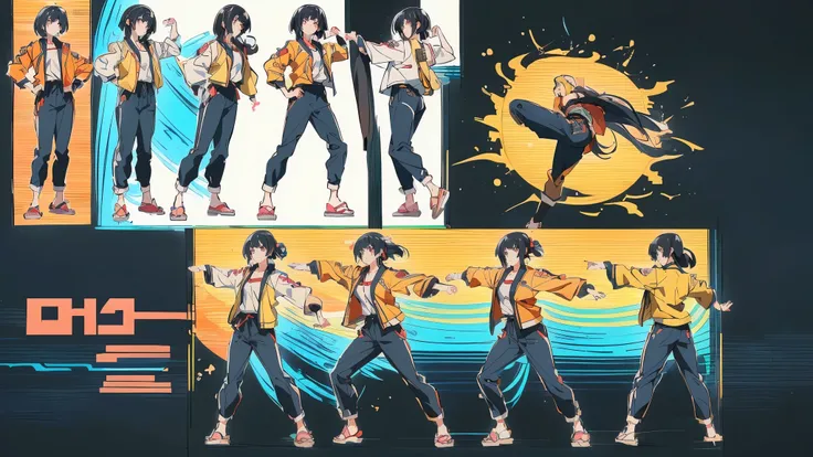 anime bold outline short black hair character in a traditional blue and yellow flower color kimono doing a karate pose, fighting stance, in japanese anime style, in anime style, misato katsuragi, in an anime style, hinata hyuga, anime style character, hina...