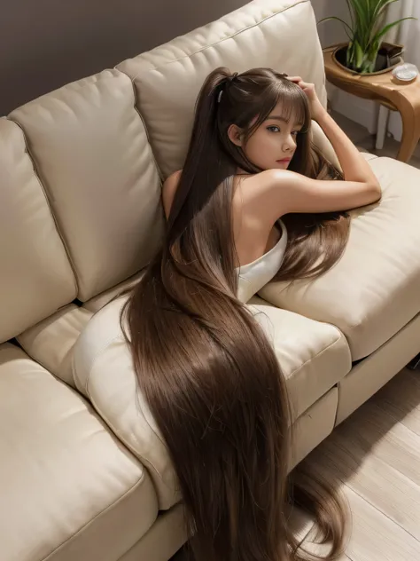 (1 Knee-length shot of a woman)　((Lie on a suitable couch, Show as much of your back and hair as possible:1.8))　((Beautiful 24 year old model with long dark hair　Reaches up to the kneeVery long hair　highest quality　Highest detail　Reaches up to the knee、Ver...