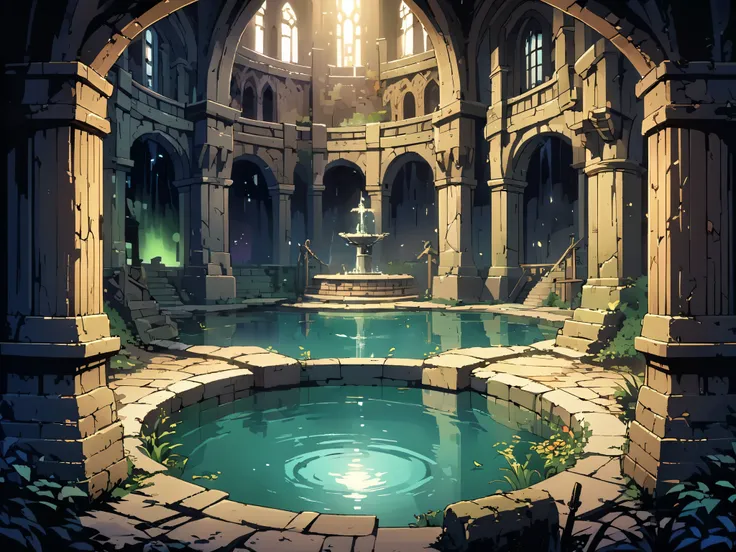 magic academy(medieval european temples)，it is surrounded by huge walls.，there is a lake in the atrium，there is a fountain in th...