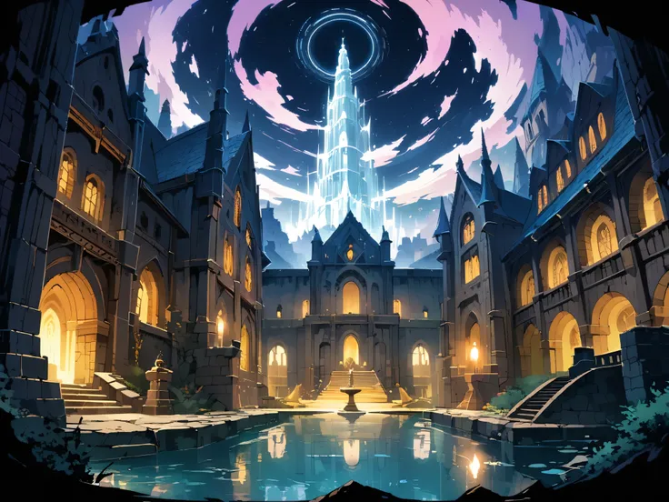 Magic Academy(Medieval European Temples)，It is surrounded by huge walls.，There is a lake in the atrium，There is a fountain in the middle of the lake，The castle is magnificently decorated，Shrouded in mysterious light，The setting is night。Mid-ground composit...