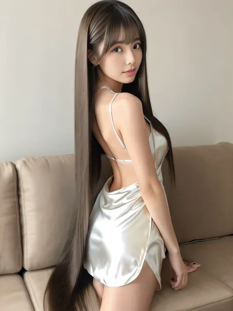 (1 Knee-length shot of a woman)　((Lie on a suitable couch, Show as much of your back and hair as possible:1.8))　((Beautiful 24 year old model with long dark hair　Reaches up to the kneeVery long hair　highest quality　Highest detail　Reaches up to the knee、Ver...