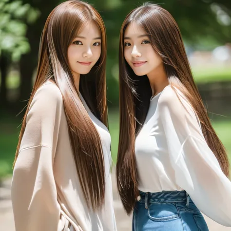 (((A photo of two people standing side by side:1.4)))　(two women with length brown hair posing for a picture, thin and shiny hair, Ulzzang, long and straight hair of brown color,, Brown long hair, beautifulgemini portrait, Brown long hair, beautifulgemini,...