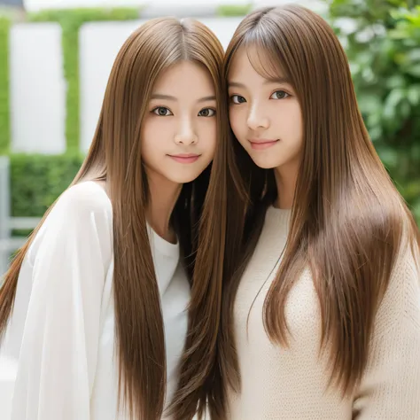 (((A photo of two people standing side by side:1.4)))　(two women with length brown hair posing for a picture, thin and shiny hair, Ulzzang, long and straight hair of brown color,, Brown long hair, beautifulgemini portrait, Brown long hair, beautifulgemini,...