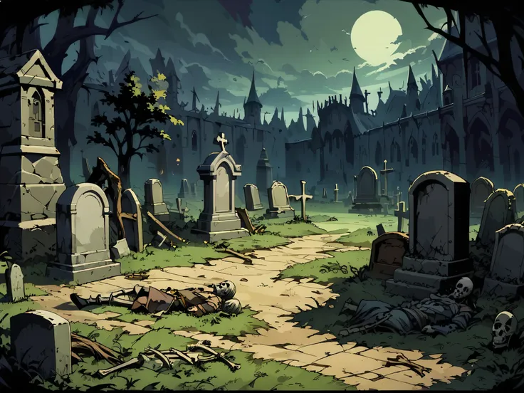 graveyard(medieval europe)，full of weeds and dead wood，spooky environment，tombstone，coffin，bones，corpse，night。mid-ground composi...