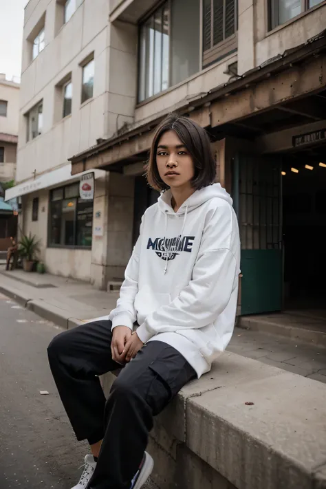 An 18 year old Indonesian teenager, boyfriend bob haircut, wearing a white oversized hoodie and black buggy cargo pants, is sitting in front of an Indonesian-inspired building
