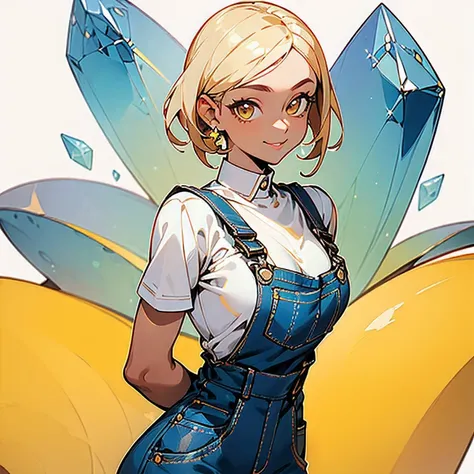 (masterpiece, top quality, best quality, official art, beautiful and aesthetic:1.2), 1 woman, tanned, dark blue overalls, farmer, short yellow hair, mature, big boobies, milf, toned body, sparkling nice detailed crystal clear yellow eyes, kind, smiling, (c...