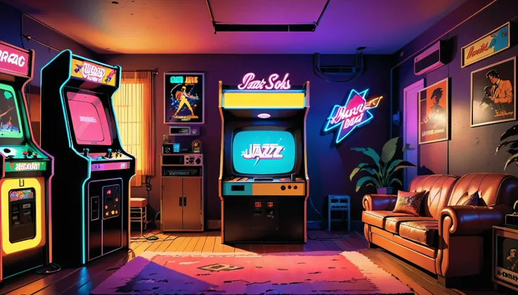 style color palette dominates the scene, with vibrant neon hues. a retro arcade cabinet stands beside the television, inviting y...