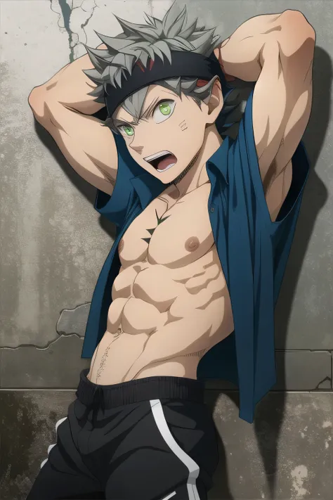 masterpiece, best quality, high quality, 1boy, solo, male focus, shirt off, asta, green eyes, black headband, grey hair, spiked hair, other hand behind head, open mouth, full view, side view, waist.