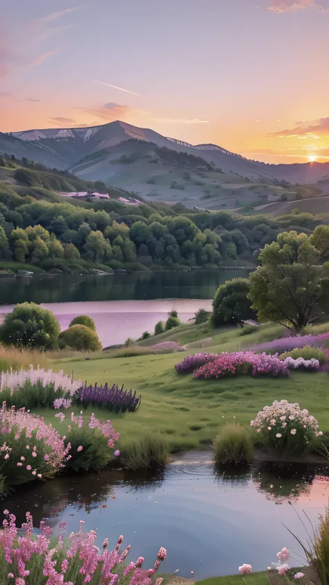 A painting illustration with different tone of pink , purple, peach and blue. Little grass area with peach colour flowers. Behind them a little lake surrounded with trees and hills far away with sunset behind them. 