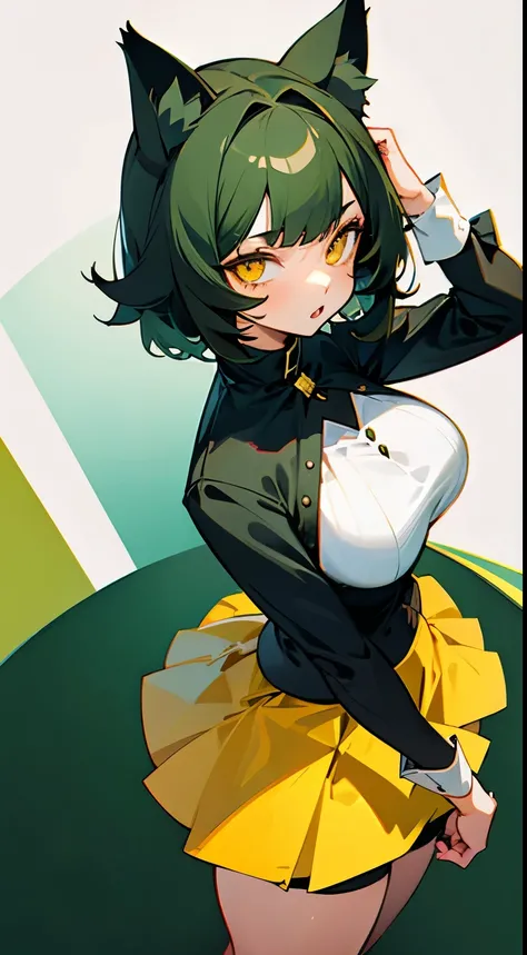 Girl, short dark green hair, cat ears, yellow eyes, big round breasts, short skirt,