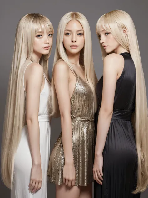 (Full body shot of three identical twins :1.3)　(Photograph three people in the same pose from the front:2.0)　(The three of them look like clones.., Wear the same clothes、Take the same pose　Physically identical)　　(Pure white wall background:1.8. Upper body ...