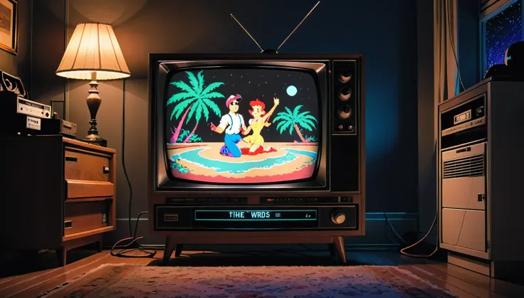 in the dimly lit room, vintage aesthetic, old-school tv steals the spotlight. the classic television set exudes nostalgia, its p...