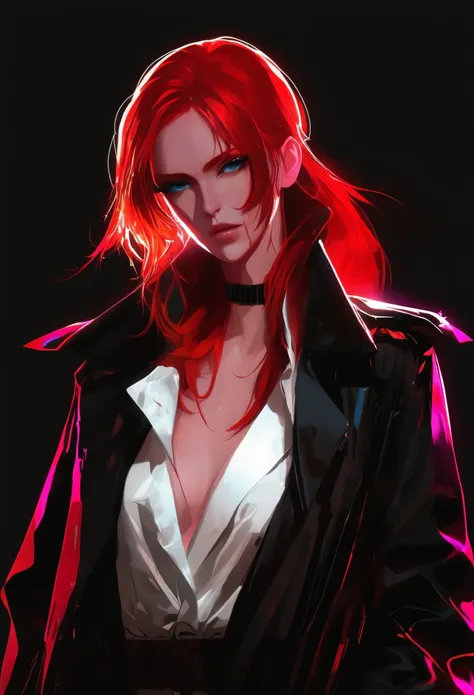 beautiful beauty white trench coat deep v movie lighting anime character redhead lighting effects 2d hook line cyberpunk black b...